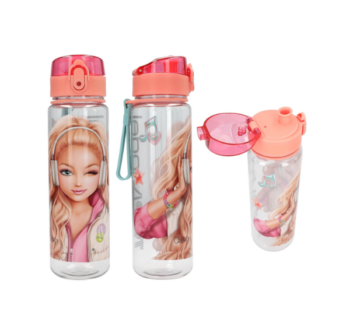 Botella MUSIC TopModel transparente de 650 ml con diseño de una modelo con auriculares.